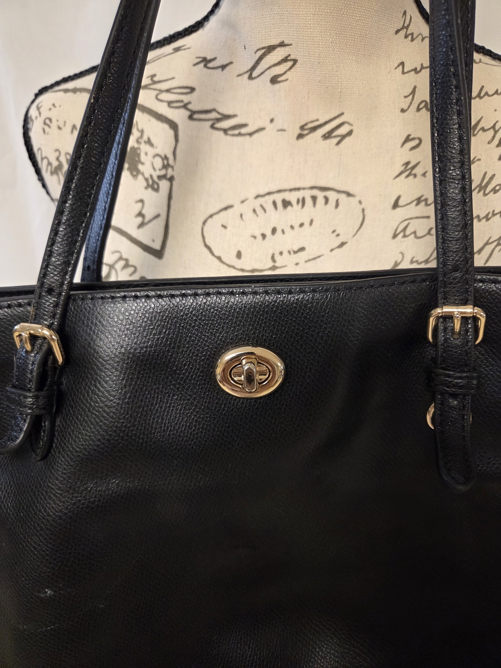 Coach Black Leather Tote with Gold-Tone Turn Lock